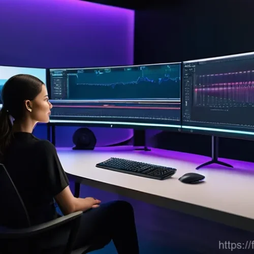 영상 편집 트렌드 2025 - **Prompt:** A dynamic, high-tech video editing studio bathed in soft, futuristic lighting. A focused...