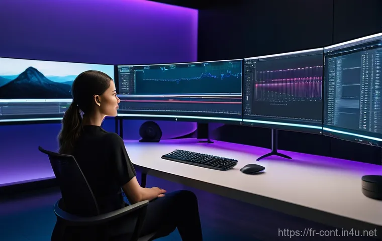 영상 편집 트렌드 2025 - **Prompt:** A dynamic, high-tech video editing studio bathed in soft, futuristic lighting. A focused...